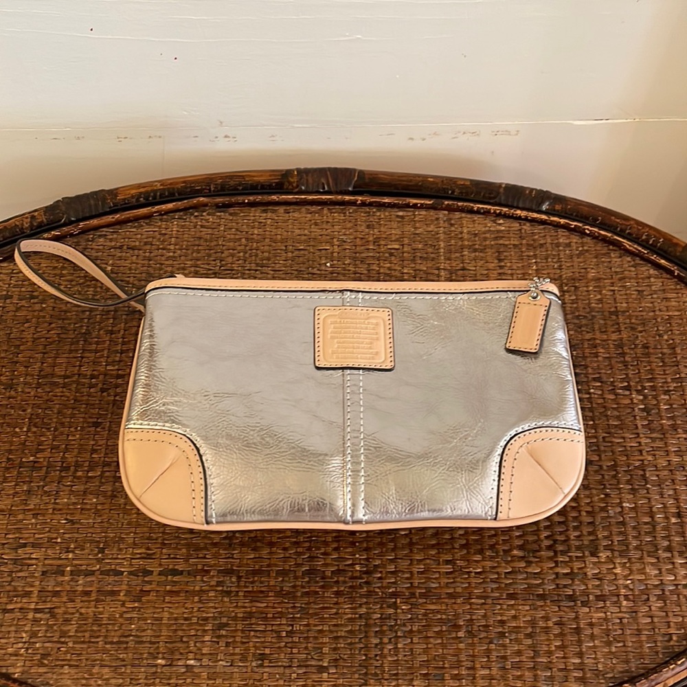Coach Silver and Tan Wristlet Clutch
